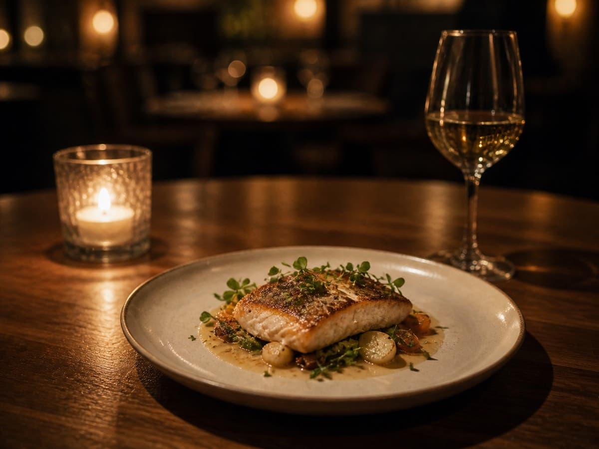 A plated fish course on a candlelit table
