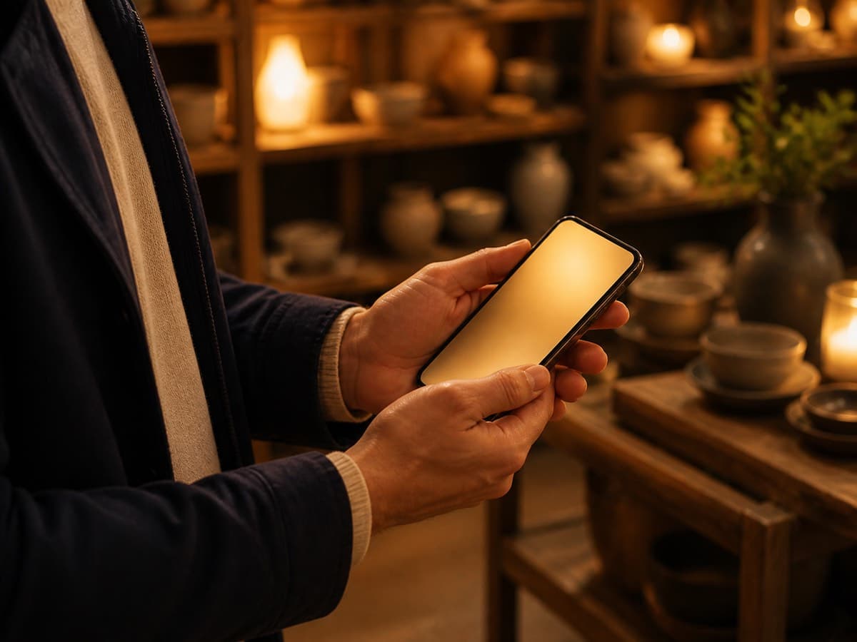 A shop owner checking a website on a phone