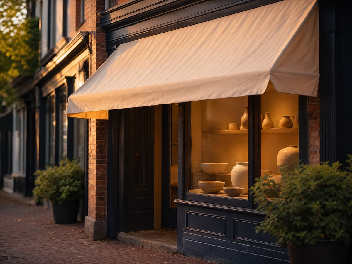 A small shop front lit by evening sun